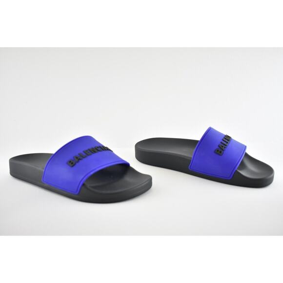 Balenciaga Black Blue Bicolor Rubber Logo Slide Pool Sandal Flip Flop Flat 44 11 - Picture 3 of 12